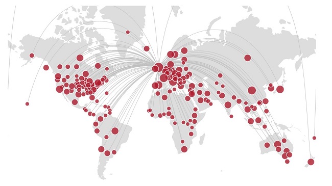 Map of collaborations in research around the world